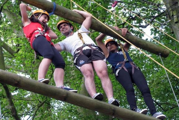 People taking part in a jacob's ladder high ropes course