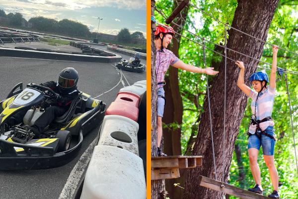 A dual image, one half is a kart racing around the track, the other half is 2 children taking part on a high ropes course