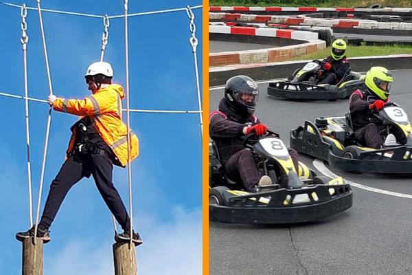 A dual image, one half is a person taking part on a high ropes course and the other half is a group of people karting.