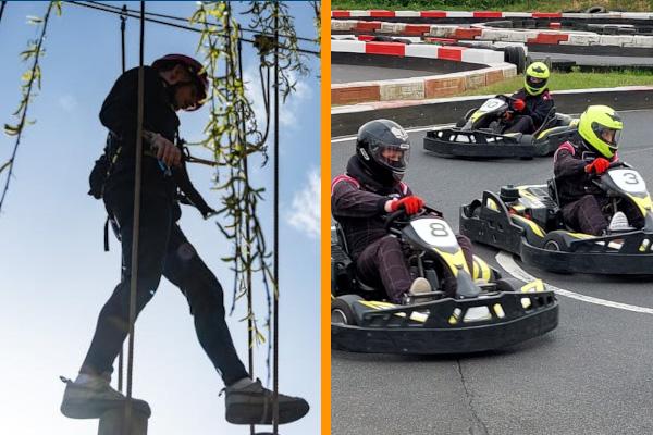 A dual image, one half is a person taking part in a high ropes course. The other half is 3 karts racing around a track