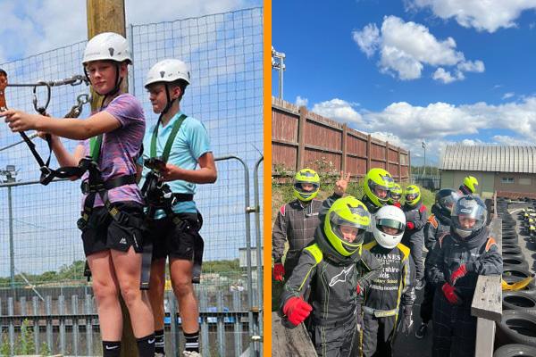 A dual image, one half is 2 children taking part on a high ropes course and the other half is a group of people dressed for karting.