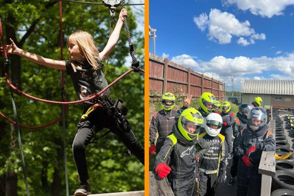 A dual image, one half is a child taking part on a high ropes course and the other half is a group of people dressed for karting.