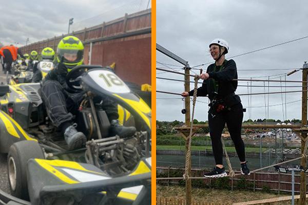 A dual image, one half is a person taking part on a high ropes course and the other half is people karting.