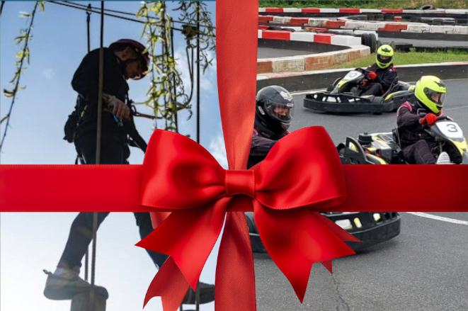 A photograph of the karting and high ropes activity with a ribbon over it