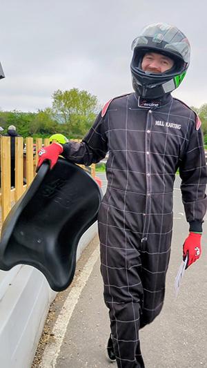 A photograph of a karting racer from the Summer championships
